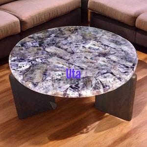NaturalAmethyst Coffee Table & End Table, Bed side Table, Corner Table,Amethyst Accent Table, Labrodorite Cube,Dining table with wooden Leg.