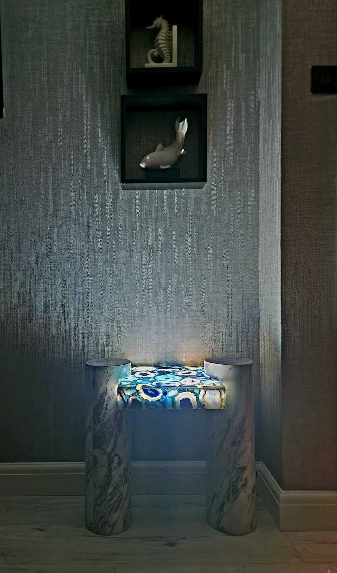 Natural Blue Agate Coffee & End Table with backlit, Onyx Bed side Table, Corner Table, Onyx Plinth , Onyx Cube with carara marble stand.