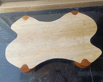 Handcrafted Travertine Coffee Table with Wood Stand