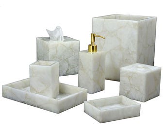 Matcha BowlNatural Quartz Bathroom Accessories Set of 7 pcs / Soap Dispenser / Trash Bin / Soap Dish / Vanity Tray / Tissue Box