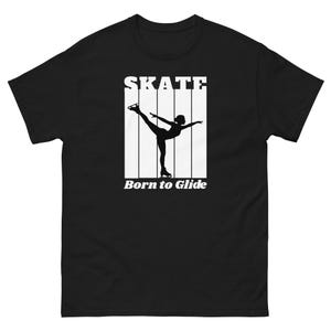 May include: Black t-shirt with a white graphic of a figure skater in motion, with the word "SKATE" above and "Born to Glide" below. The design is in a vertical striped box.