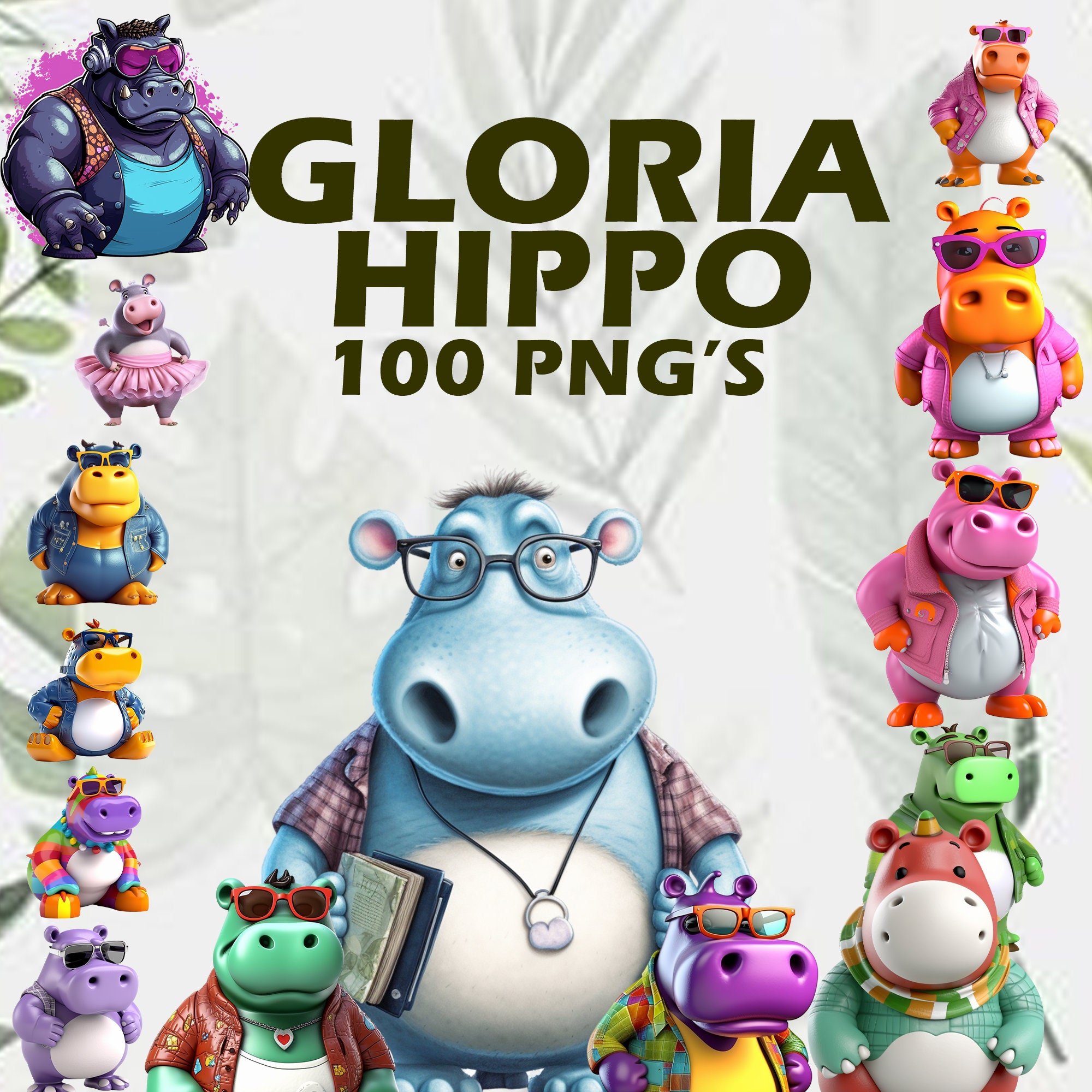 Gloria Hippo Digital Stickers Watercolor Digital Clipart scrapbooking 