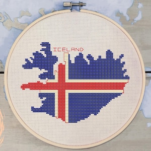 Iceland Cross Stitch Pattern: Country Outline with Flag and Name - PDF Download | 100x100 14-ct Aida Project | Great Gift Idea for Travelers