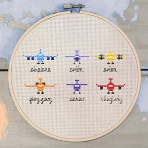 Airplane Cross Stitch Pattern - Fun Multilingual DIY Craft - Instant PDF Digital Download - Learn to Cross-Stitch - World Travel - Languages