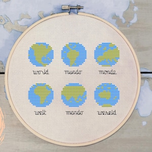 Kruissteekpatroon wereld, instant pdf-download, kruissteek wereldbol, begaafde reiziger, reiskaart, decor kruissteek reizen