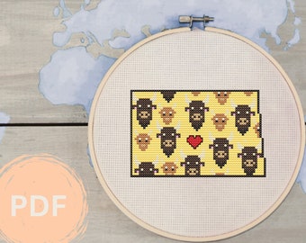 North Dakota Bison Love Cross-Stitch Pattern - 14-Count Fabric, 7-8 Inch Hoop - DIY State Pride Embroidery Design