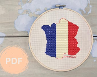 France Cross-Stitch Pattern, Counted Cross Stitch France, French Flag, PDF Cross-Stitch Pattern, Large Cross-Stitch, France Travel Decor