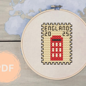 England Cross-Stitch Pattern, Counted Cross-Stitch London, Postage Stamp Cross-Stitch, Easy Cross-Stitch PDF, Red Telephone Booth Memento