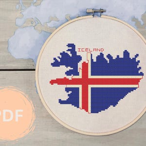 Patrón de punto de cruz de Islandia: contorno del país con bandera y nombre - Descarga PDF / Proyecto Aida 100x100 de 14 quilates / Gran idea de regalo para viajeros