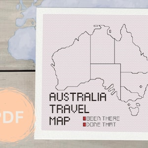 Op de afbeelding: Een zwart-witte omtrekkaart van Australië met de tekst "Australia Travel Map" en "Been There Done That" onder de kaart.