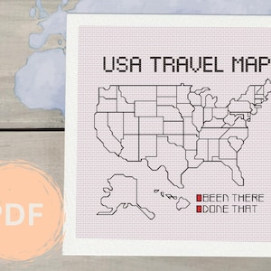 Mapa de viagem dos EUA em ponto cruz, rastreador de estados personalizável, download digital em PDF, mapa em ponto cruz, ponto cruz contado EUA