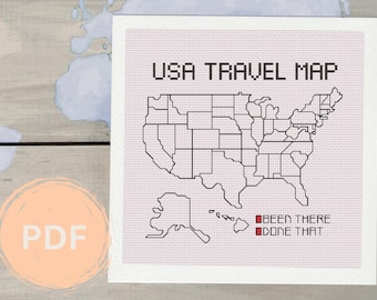 Mapa de viagem dos EUA em ponto cruz, rastreador de estados personalizável, download digital em PDF, mapa em ponto cruz, ponto cruz contado EUA