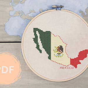 Mexico-kruissteekpatroon: landschets met vlag en naam - pdf-download | Aida-project, 100 x 100, 14 kt | Geweldig cadeau-idee voor reizigers