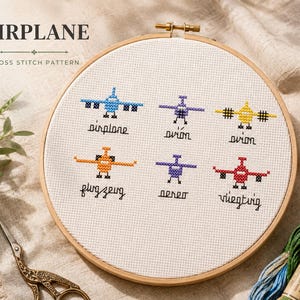 Flugzeug Kreuzstichmuster - Spaß mehrsprachiges DIY Handwerk - sofortiger digitaler PDF-Download - Lernen Sie Kreuzstich - Weltreise - Sprachen