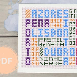 Portugal Cross-Stitch Pattern, Word Bubble X Stitch, Portugal Destinations, Portugal Travel Diary, Wall Hanging DIY, Shelf Artwork, Gifting