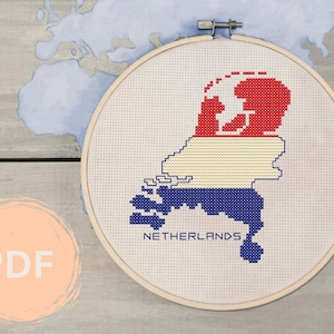 Niederlande Kreuzstichmuster: Länder Umriss mit Flagge und Name - PDF Download | 100x100 14-ct Aida-Projekt | Tolle Geschenkidee