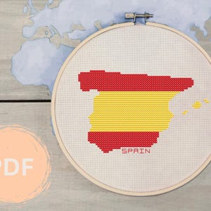Spanien Kreuzstichmuster: Länderumriss mit Flagge und Name - PDF Download | 100x100 14-ct Aida-Projekt | Tolle Geschenkidee für Reisende