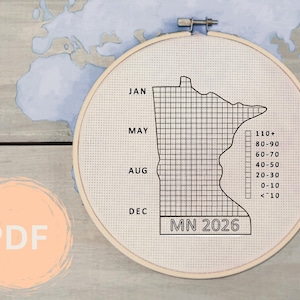May include: A cross-stitch embroidery hoop featuring a black and white grid map of Minnesota, with temperature ranges and months labeled. The text "MN 2026" is at the bottom. The word "PDF" is in a peach circle.