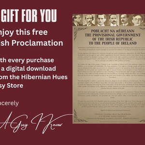 K&ouml;nnte beinhalten: Ein digitaler Download der Irischen Unabh&auml;ngigkeitserkl&auml;rung, ein historisches Dokument, das von der Provisorischen Regierung der Irischen Republik unterzeichnet wurde. Das Dokument ist auf cremefarbenem Hintergrund mit schwarzem Text gedruckt und von einem dekorativen Rahmen umgeben. Der Text enth&auml;lt den Titel "Poblacht na h&Eacute;ireann" (Irische Republik) und die Namen der Unterzeichner. Dieser digitale Download ist ein kostenloses Geschenk zu jedem Kauf im Etsy-Shop Hibernian Hues.