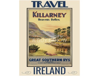 Killarney, Irland Vintage Reiseplakat, irische Geschenke, irische Wandkunst, druckbare Wandkunst, Geschenke für ihn, Geschenke für sie, Wohnkultur