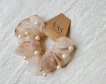 Organza braid rubber, scrunchie for wedding, with pearls