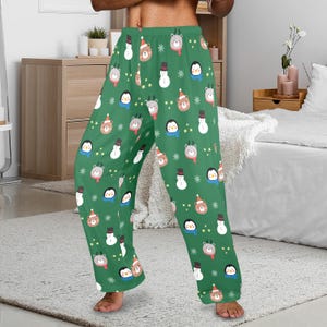 Christmas Animal Pajama Pants, Flannel, Cute, with Snowflakes and Snowmen