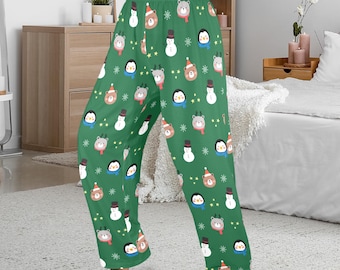 Christmas Animal Pajama Pants, Flannel, Cute, with Snowflakes and Snowmen