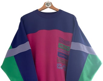 Adidas Vintage Sweater Gr. L - XL (D8) Sweatshirt Pullover bunt 80er 90er Adidas Spell Out Print Buchstaben Back Trefoil Ultra Rare selten