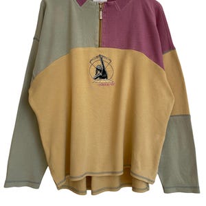 Sudadera Adidas Vintage con cremallera de 1/4, talla L (D40), colores pastel, bloques de color, logotipo, aplique bordado de lazo y flecha, años 90, ultra rara.
