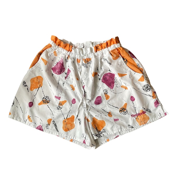 Reebok Vintage Damen Shorts Gr. M (38) Paperbag kurze Hose 90s Sport Training Sommer Reebok gestickt Muster Crazy Pattern weiß orange lila