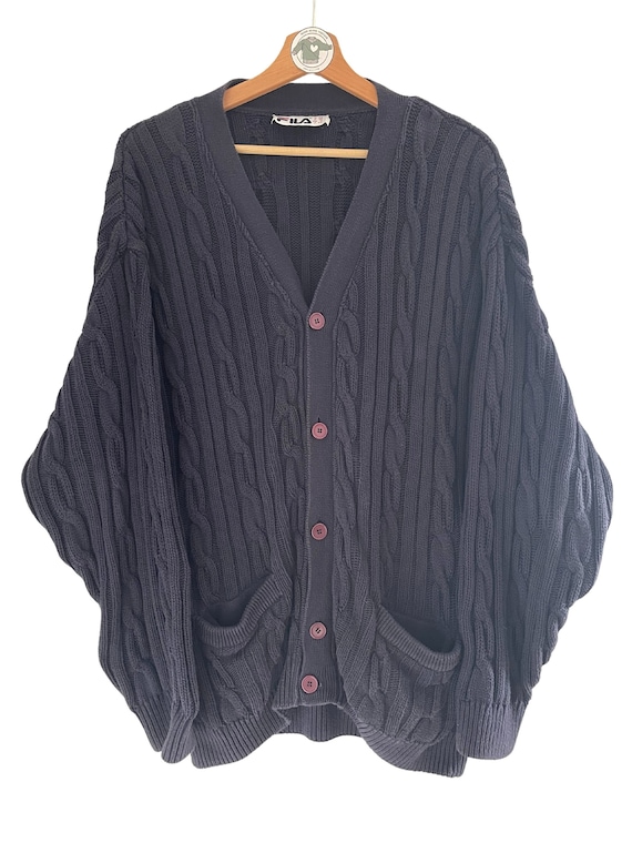 Fila, Fila Vintage Cardigan Gr. L Strick Weste 90er 90s dunkelblau Strickjacke mit Knöpfen Baumwolle Jacke Pullover