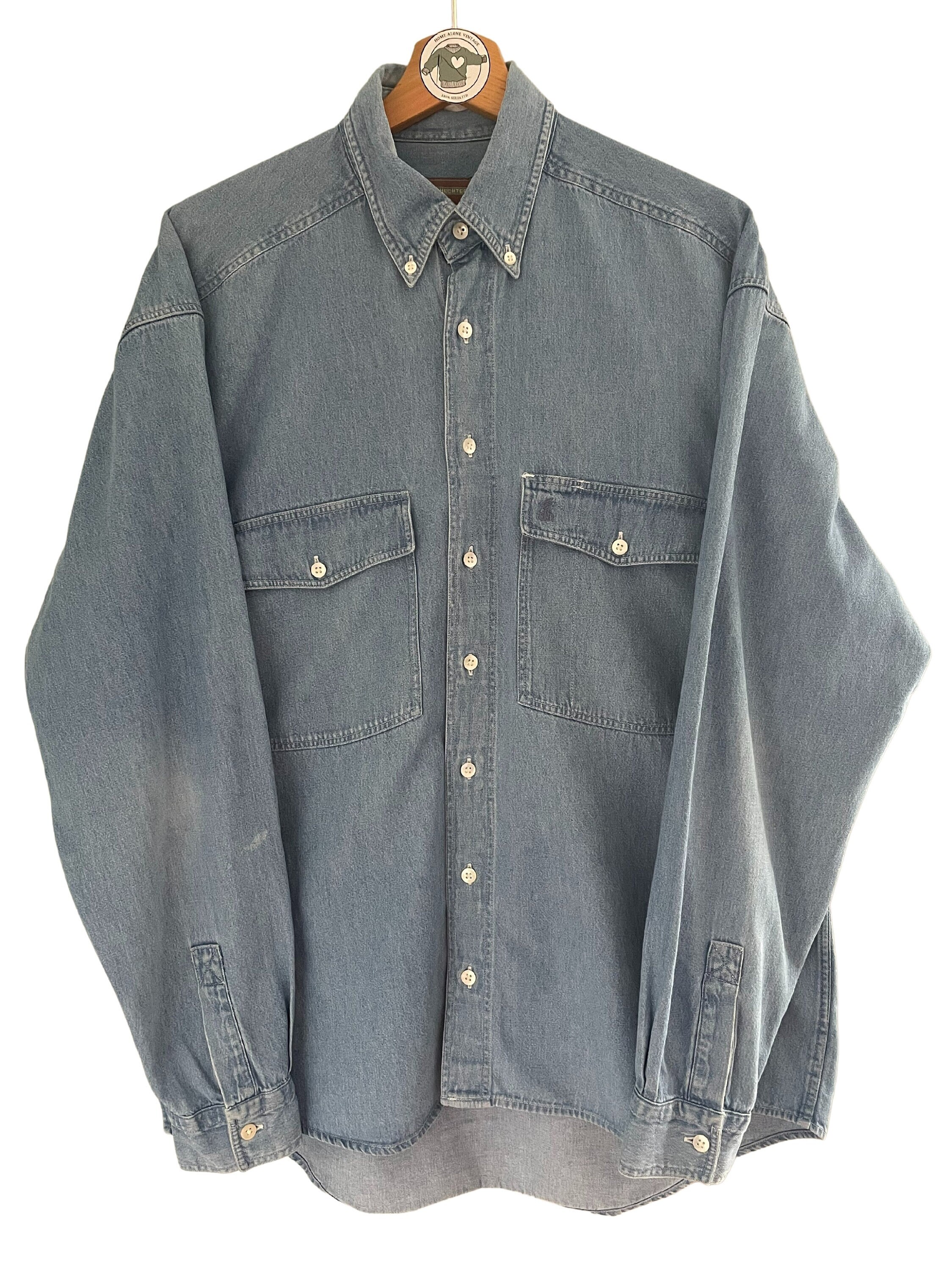 Daniel Hechter Vintage Basic Denim Shirt Size L 90s dh Embroidered Casual Business Oxford Button Down Shirt Breast Pockets Light Blue Cotton