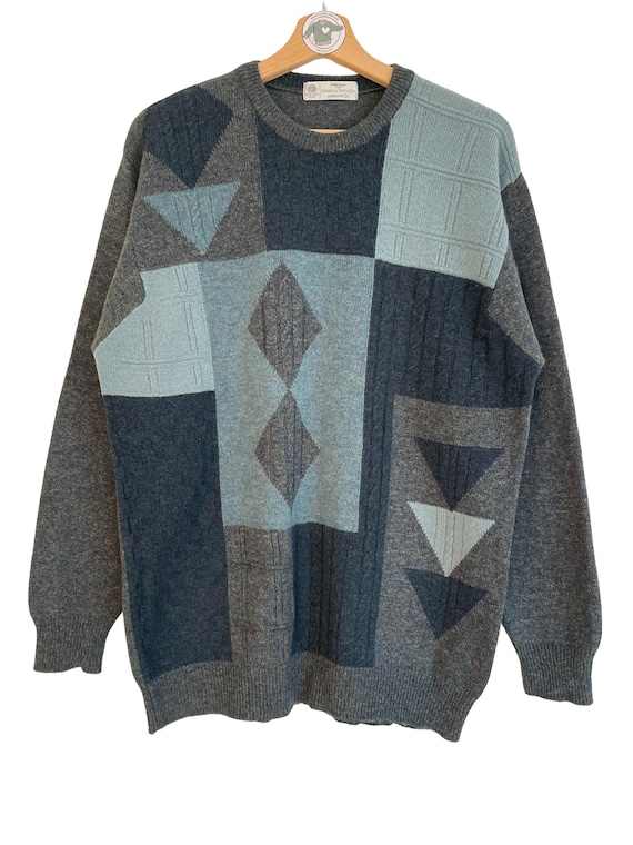 Marks & Spencer, St. Michael from Marks & Spencer Vintage Strickpullover Gr. M - L grün grau meliert 90er 90s 1997 Crazy Pattern Muster reine Schurwolle