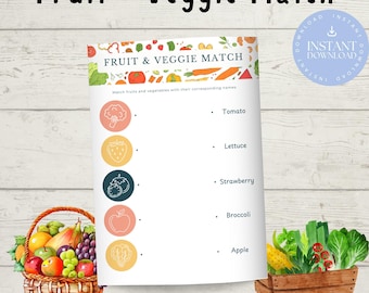 May include: A printable worksheet for kids to match fruits and vegetables with their names. The worksheet features illustrations of a tomato, lettuce, strawberry, broccoli, and apple. The worksheet also includes a basket of fruit and a basket of vegetables.