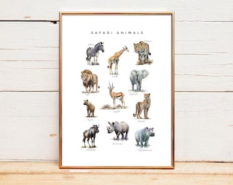Dierenposterset: boerderij, wild, bos, safaridieren (digitale download A4)