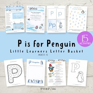 May include: A set of educational activity sheets for children aged 3-5, focusing on the letter "P" and penguins. The sheets include activities like colouring, tracing, and matching. The title "P is for Penguin" is clearly visible, with the size of the sheets being 27.9 x 21.6 cm.