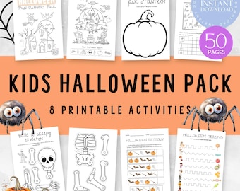 May include: A Kids Halloween Pack with 8 printable activities. The pack includes coloring pages, a build-a-skeleton activity, and tracing exercises. The design features pumpkins, spiders, and the text "Halloween Fun Activities Pack".