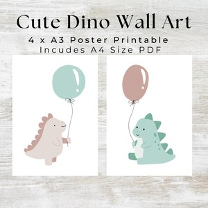 Lindo póster de dinosaurio para pared, juego de 4 pósteres, póster para sala de juegos infantil, imprimible para educación en casa (tamaño A3 y A4), decoración para habitación infantil, regalo imprimible