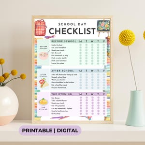 May include: A printable school day checklist with a colorful design. The checklist includes tasks for before school, after school, and the evening. The checklist is divided into days of the week, with a circle for each day to mark off completed tasks.