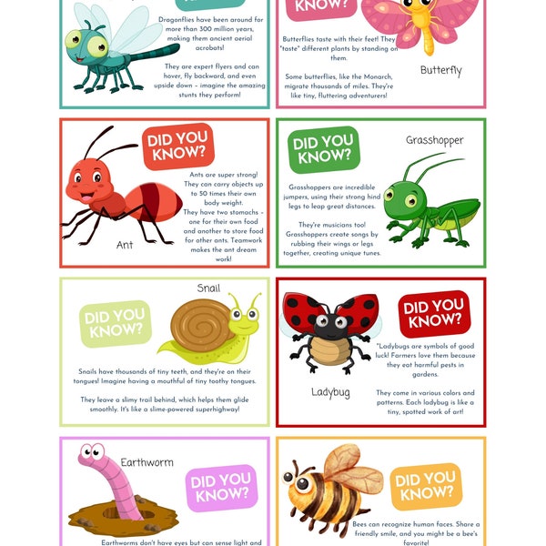 Lunchbox Notes For Kids, Printable Lunchbox Notes, Insect Fun Facts For Kids, Printable Lunch Notes, 8 Kids Cards, Educational Cards, PDF