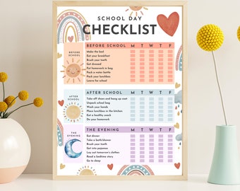 School Day Checklist for kids, Printable, Kids Chore Chart, Before School, After School, Before Bed, Kids Chart, PDF, Watercolour Rainbow