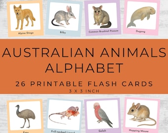 Tarjetas didácticas del alfabeto de animales australianos: Impresión de acuarela Montessori (PDF)