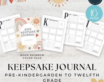 Kids Keepsake Journal, Boho Rainbow Watercolour, Preschool to Twelfth Year, Printable 16 page Memory Book,INSTANT DOWNLOAD