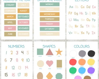 Educational Posters Set: Alphabet, Numbers, Shapes - Playroom Decor (Digital Download)