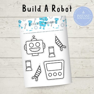 May include: A printable robot craft activity for kids. Cut out and assemble the robot parts to create unique robots. The printable features a robot head, body, arms, legs, and antennas.