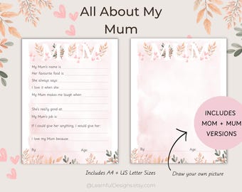 Mother's Day Interview Printable: All About My Mum Keepsake (A4, US Letter)
