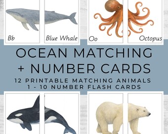 海の動物マッチングゲーム：モンテッソーリ数字フラッシュカード（印刷可能）