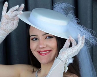Sombreros de novia modernos de satén blanco, sombrero de novia estilo Herben, sombrero blanco para Kentucky Derby, sombrero Royal Ascot, sombrero de velo de boda, sombrero Fedora Boho