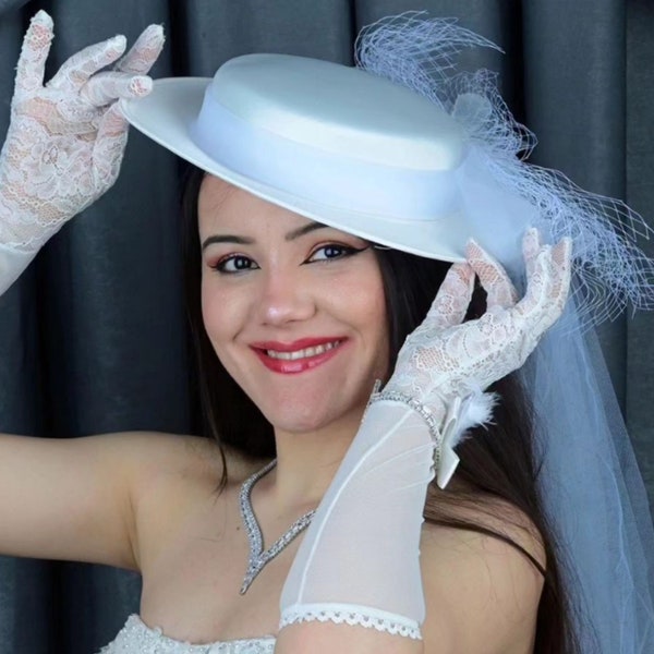 White Satin Modern Bridal Hats , Herben Style Bride Hat , White Hat For Kentucky Derby , Royal Ascot Hat , Wedding Veil Hat, Fedora Boho Hat