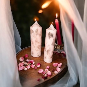Handmade Pink Pillar Candle with Shiny Brush Strokes - Decorative Pink Pillar Candle - Metallic Brush Strokes Design